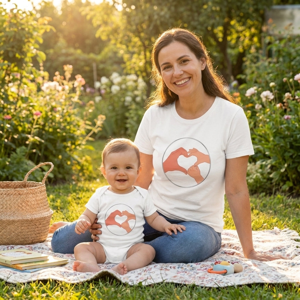 Bestie Bundle: Bestie Heart Hands T-Shirt + Bestie Baby Onesie (Silver)